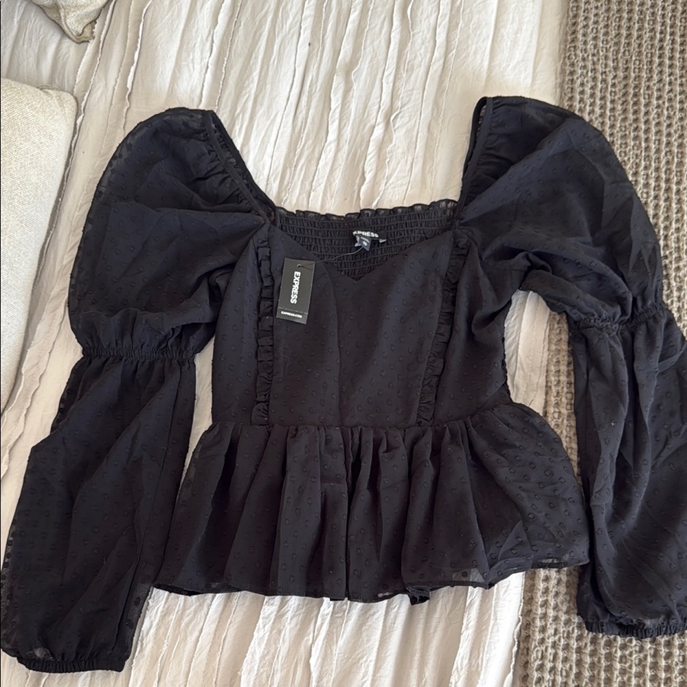 Express Black Ruffled Peplum Blouse with Long Sleeves